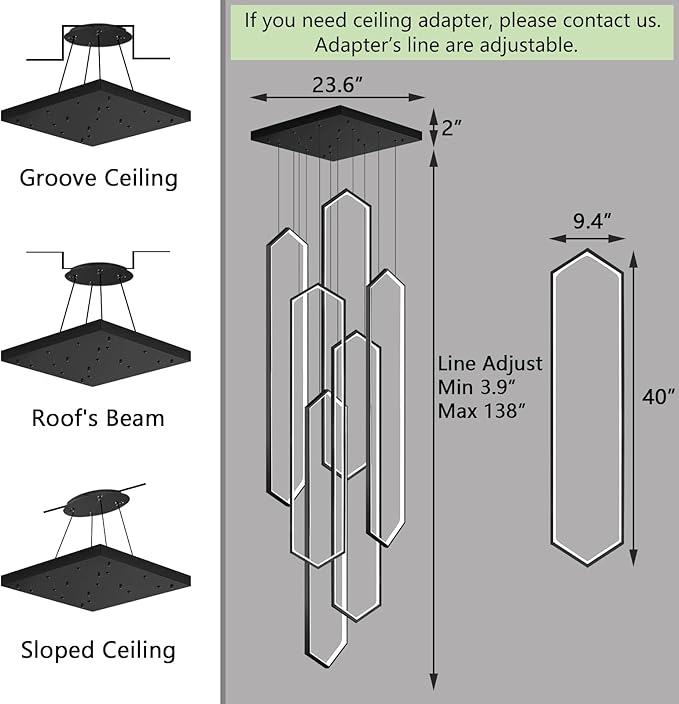 6-Rings Chandelier Modern, Black Large Contemporary LED Light for Living Room Entrance, Dimmable Flush Mount High Ceiling Chandeliers with Remote Control for Villa Foyer