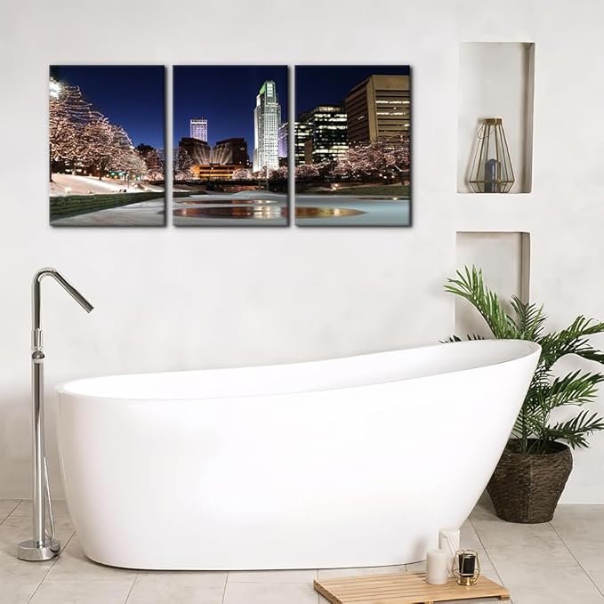 Pacimo Canvas Wall Art Decor Omaha Cityscape Modern Artwork for Wall Painting City Skyline Night View Pictures Gallery Wrapped Posters and Prints Stretch and Framed Ready to Hang - 20"x28"x3 Panels