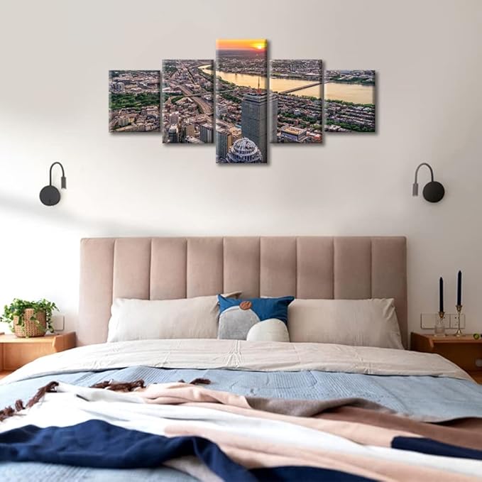 5 Piece Boston Skyline Black and White Wall Art Cityscape Skyscraper Panoramic Poster Prints on Canvas Boston Dusk Landscape Wall Decoration for Living Room Home Decor Ready to Hang (50"Wx24"H)