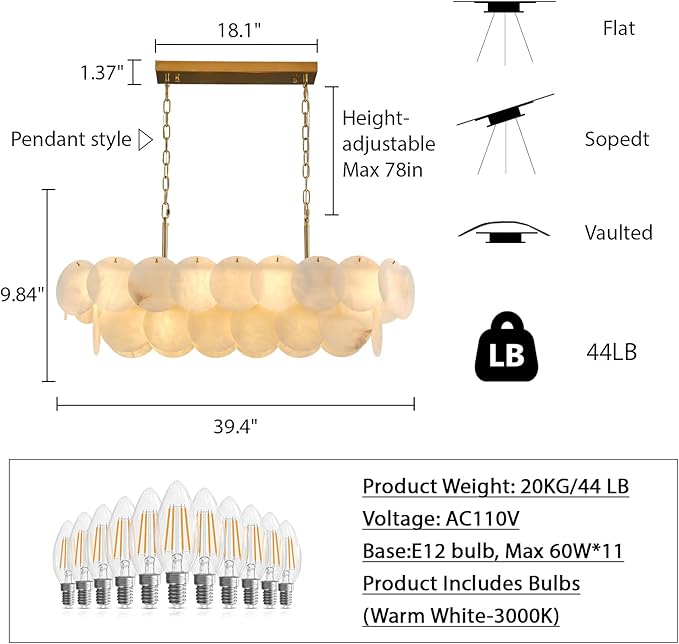 Alabaster Rectangle Chandelier, L39.4'' Natural Spanish Marble Stone Textur Chandeliers, 11-Light Dimmable Chandelier Over Table for Kitchen Island, Living Room, Hallway- Modern Luxury Lighting
