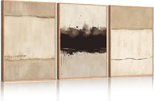 Ausril Large Neutral Textured Framed Canvas Wall Art Set, Minimalist Beige Shapes Wall Decor, Abstract Grunge Landscape Wall Painting, Modern Textured Art Prints for Living Room, Bedroom 24"x36"x3