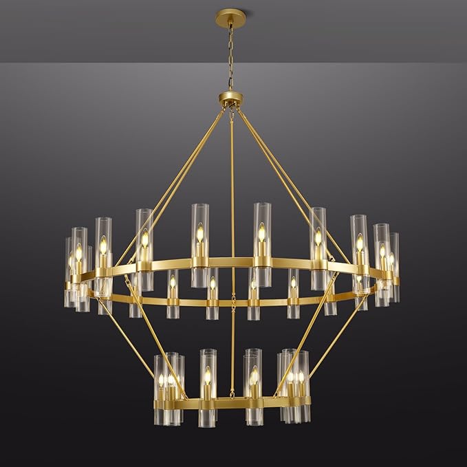 2 Tier Gold Wagon Wheel Chandelier, 60 Inch Farmhouse Chandelier with Glass Tube, 30-Light Large Round Chandeliers for Dining Room, Living Room, Bedroom and Entryway