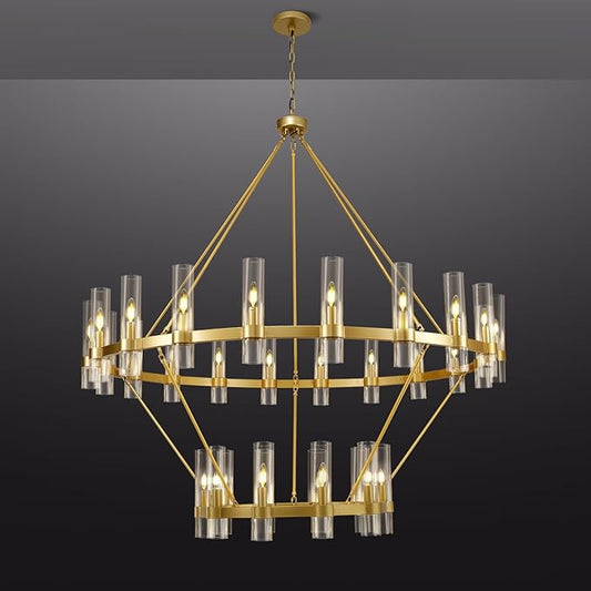 2 Tier Gold Wagon Wheel Chandelier, 60 Inch Farmhouse Chandelier with Glass Tube, 30-Light Large Round Chandeliers for Dining Room, Living Room, Bedroom and Entryway