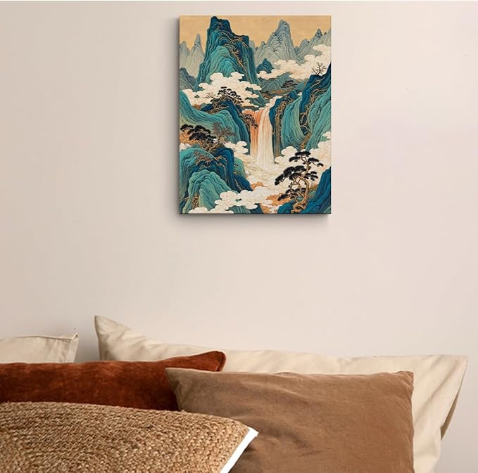 Japanese Waterfall Print Wall Art, Nature Landscape Mountains and Rivers Canvas Framed Prints Room Decor, Housewarming Gifts, Vintage Aesthetic Prints for Living Room Office Entryway 15x11.4 inch