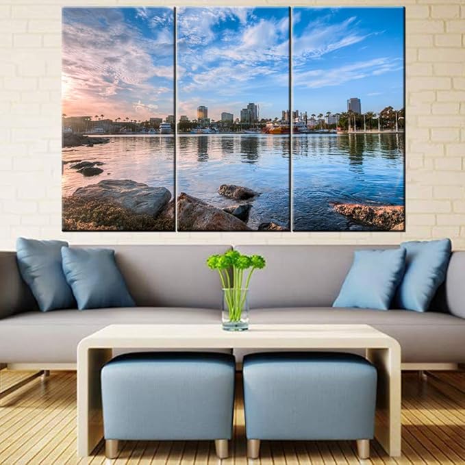 Large Canvas Print Wall Art – Long Beach Harbor Skyline – 40 x 20 Inch Canvas Picture Stretched On Wooden Frame – California Port City Cityscape Giclee Canvas Printing – Hanging Wall Deco Picture