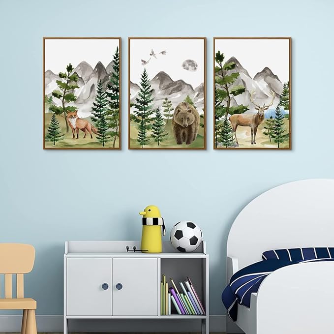 CHDITB Watercolor Forest Animal Nursery Wall Art, Framed Canvas Mountain Wall Decor, Nature Woodland Landscape Wall Painting, Fox Bear Deer Art Prints for Baby Bedroom, Living Room - 16"x24"x3