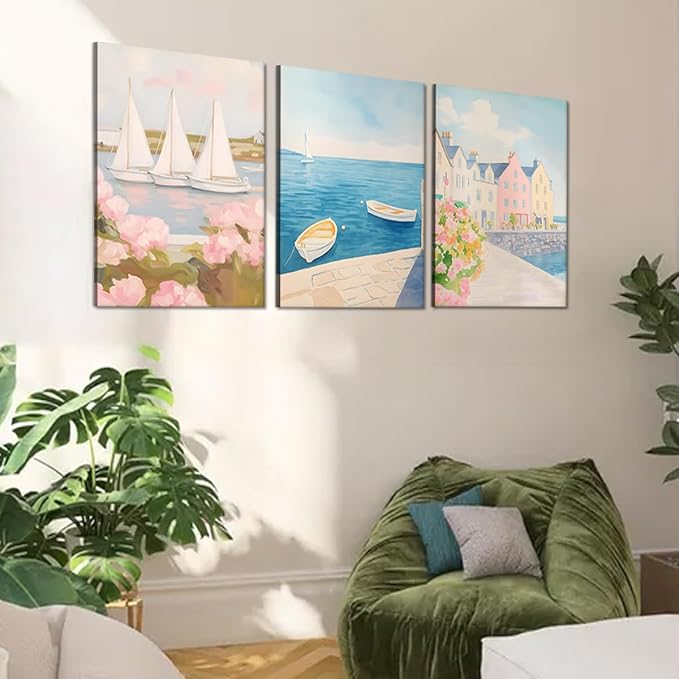 Large Ocean Beach Framed Oil Paiting Canvas Wall Art Pink Landscape Art Beach Sailboats Canvas Blue Sky White Clouds Scenery for Living Room Bedroom Office - 20x28inchx3Pcs