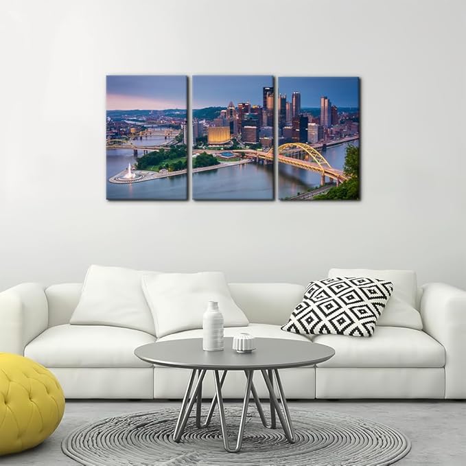 Pacimo Canvas Wall Decor for Living Room Bedroom Office Pittsburgh Cityscape Wall Art for Decorations Mount Washington Canvas Wall Prints City Skyline Picture for Home Decor Framed - 16"x24"x3 Panels