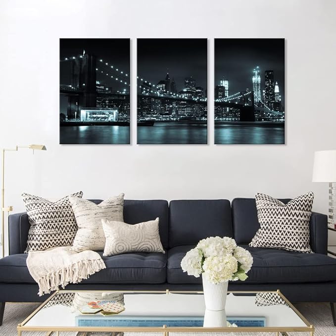 NAN Wind 3 Pcs Wall Art Brooklyn Bridge Black Canvas Art Paintings For Room Decor Manhattan Skyline Cityscape New York Skyscrapers Picture Prints On Canvas For Home Decor Modern Giclee Framed
