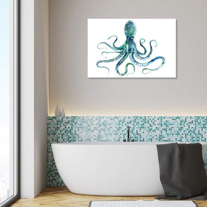 JAPO ART Blue Octopus Bathroom Decor Canvas Wall Art by Edward Selkirk Coastal wall decor Nautical Ocean Animal Watercolor Marine life Sea Pictures Framed Artwork Print on Canvas for Living Room