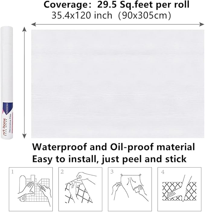 Arthome Peel and Stick Wallpaper - White Wood Contact Paper - White Wallpaper - Self-Adhesive, Removable and Waterproof for Cabinet, Countertop (35.4" x 120")