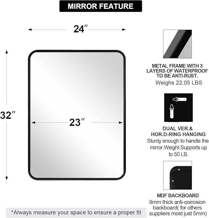 ANDY STAR 24x32 INCH Black Bathroom Mirror, Black Bathroom Vanity Mirrors for Wall, Rounded Rectangle Mirror for Bathroom, Tube Metal Frame, 1’’ Deep Wall Mounted Vertical/Horizontal