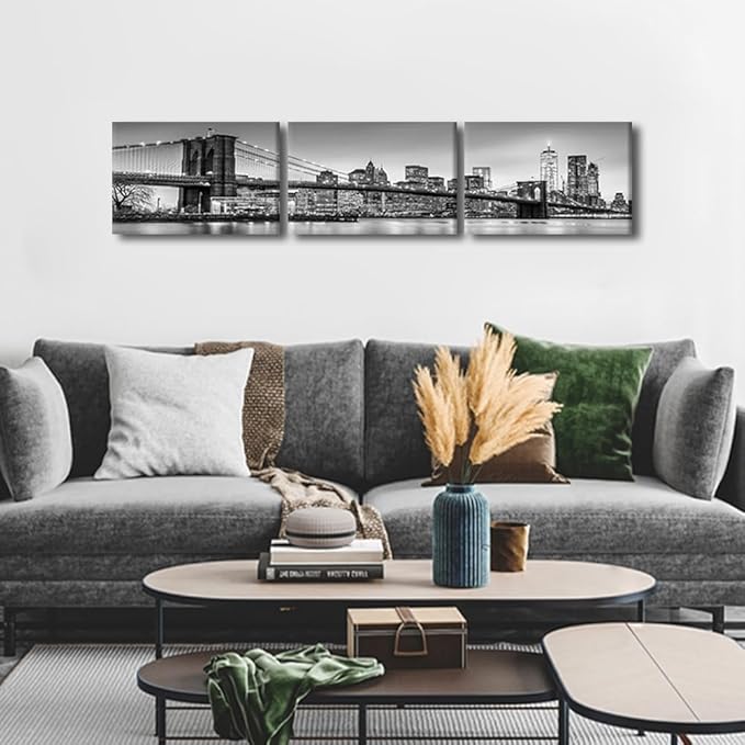 Canvas Wall Art Print New York Cityscape Wall Art for Bedroom Brooklyn Bridge Panorama Wall Decor Art Paintings City Reflection Modern Giclee Artwork for Office Home Decor Ready to Hang 12x48 Inch