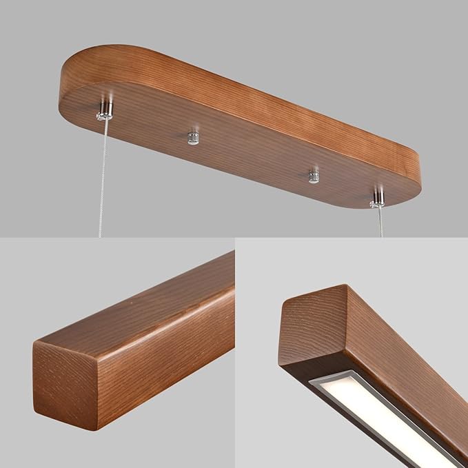 71" Wood Linear Pendant Light Modern LED Dimmable Ceiling Hanging Light Fixtures Wood Linear Chandeliers 40w for Dining Room Kitchen Island Pool Table Bar Walnut Color
