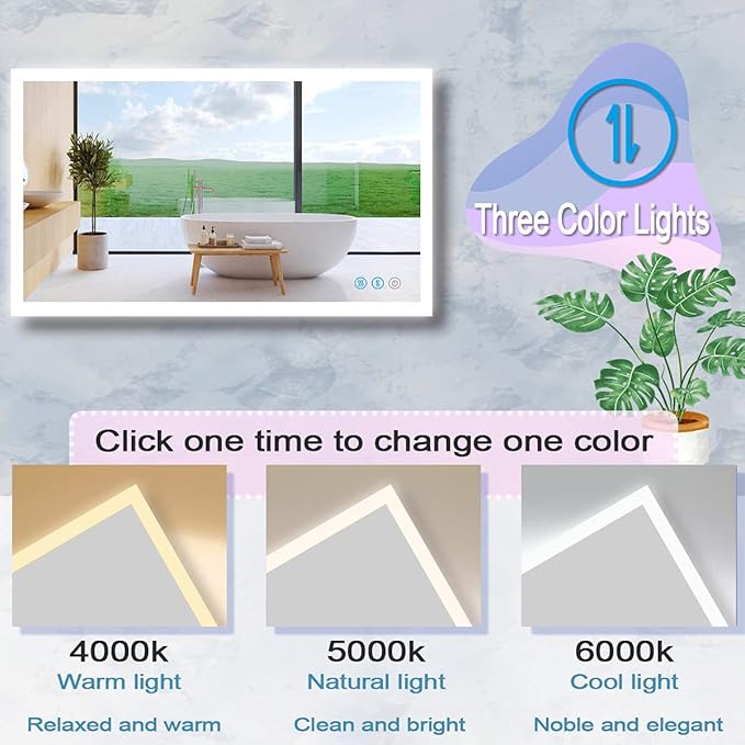 48x30 Inch Backlit Lighted LED Mirror for Bathroom Wall 48 Inch LED Bathroom Vanity Mirror with Lights Bathroom LED Vanity Mirror Antifog 3 Color Dimmable Backlit Light up Smart LED Mirrors