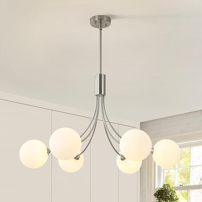 6-Light Brushed Nickel Chandelier, Modern Dining Room Light Fixture Hanging, Sputnik Chandelier for Living Room Kitchen Island Bedroom Entryway, Milk White Globe Glass Shade