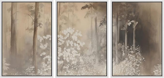 MUDECOR Framed Wall Art Print Set Neutral Forest Landscape Beige and Gray Watercolor Illustrations Realism Decorative for Living Room, Bedroom, Office - 24"x36"x3 White