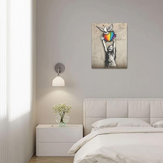 Banksy Street Graffiti Wall Art Rainbow Canvas Wall Decor Love And Peace Pictures Paintings Prints Artwork Framed Modern Decorations For Bedroom Bathroom Office Living Room Gifts 16" x 20"