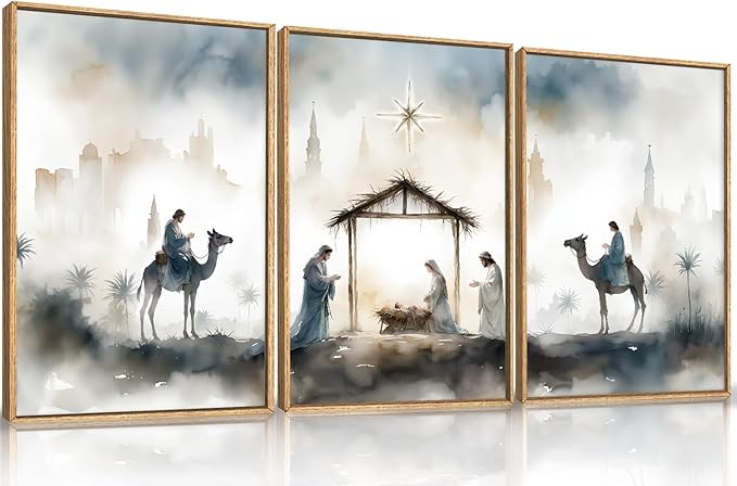 Large Catholic Jesus Nativity Scene Framed Canvas Wall Art Set,Watercolor Holy Birth of Jesus Wall Decor,Trendy Christmas Religious Artwork for Living Room,Bedroom,Church-24 x36 x3