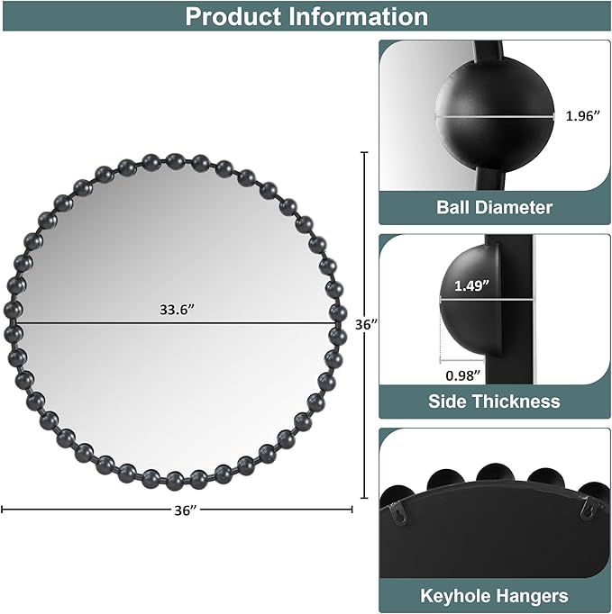 Madison Park Round Mirror, Metal Frame Circle Mirror 36 inch, Wall Art Decor Mounted Hanging for Entryway, Bathroom, hallway, Living Room, Vanity, Marlowe, Black