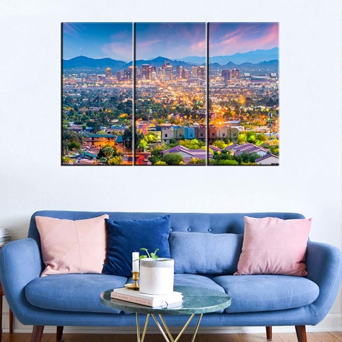 3 Pieces City Skyline Wall Art Painting Phoenix, Arizona, USA Downtown Pictures Prints On Canvas Landscape The Picture Decor Oil For Home Modern Decoration Print For Items - 28‘’ x 14‘’ x 3 Panels