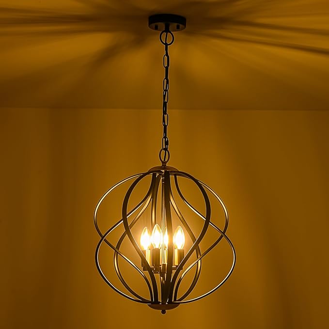 17” Modern Black and Gold Chandelier for Dining Room - 4-Light Industrial Sphere Pendant Light, Hanging Geometric Chandelier for Kitchen, Entryway, Foyer, Stairs