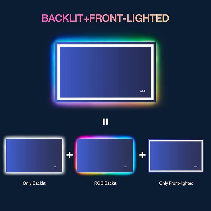 48x32 inch LED Lighted Bathroom Mirror,RGB Color Changing LED Mirror for Bathroom,Dimmable Anti-Fog Backlit Vanity Mirror (RGB Multicolor Backlit + Adjustable Front-Lighted)