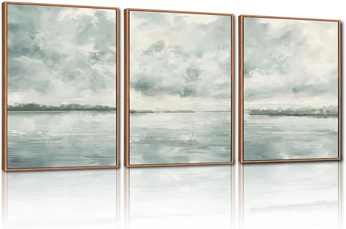 CHDITB Watercolor Sky Cloud Framed Canvas Wall Art Set, Pastel Shapes Illustrations Cloudy Wall Decor, Neutral Minimal Wall Painting, Blue Gray Ocean Sky Art Prints For Living Room Bedroom Office Decor 16"x24"x3