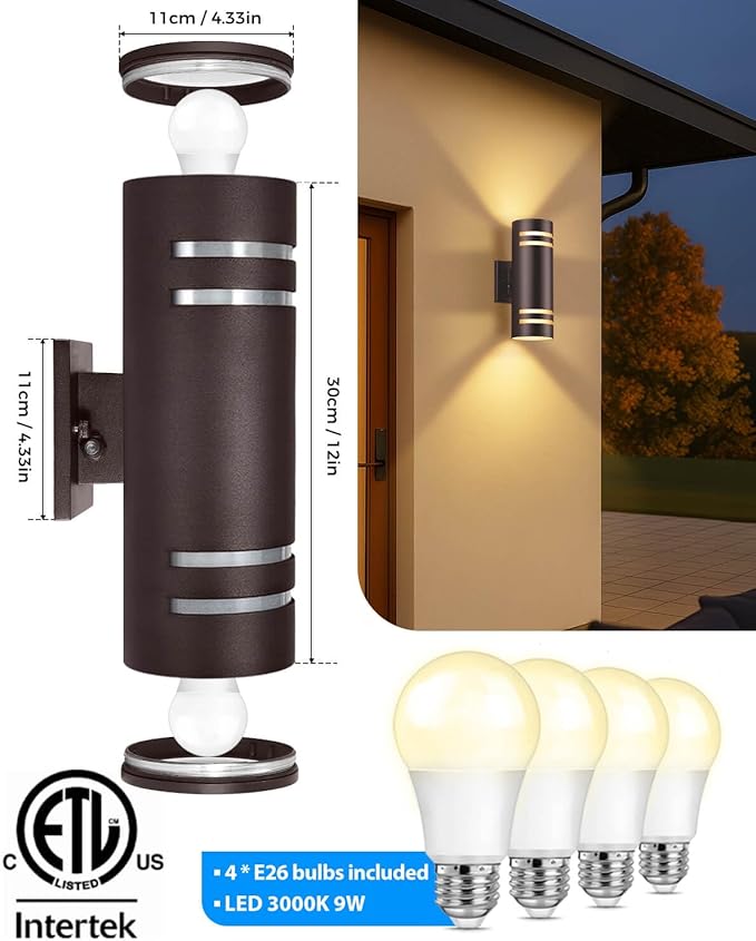 KIZON Dusk to Dawn Outdoor Wall Lights 2 Pack, Modern Exterior Lighting Fixtures with Oil Rubbed Bronze Finish, Up and Down Lights Outdoor with Bulbs, Modern Sconce Lights for House Porch, ETL Listed