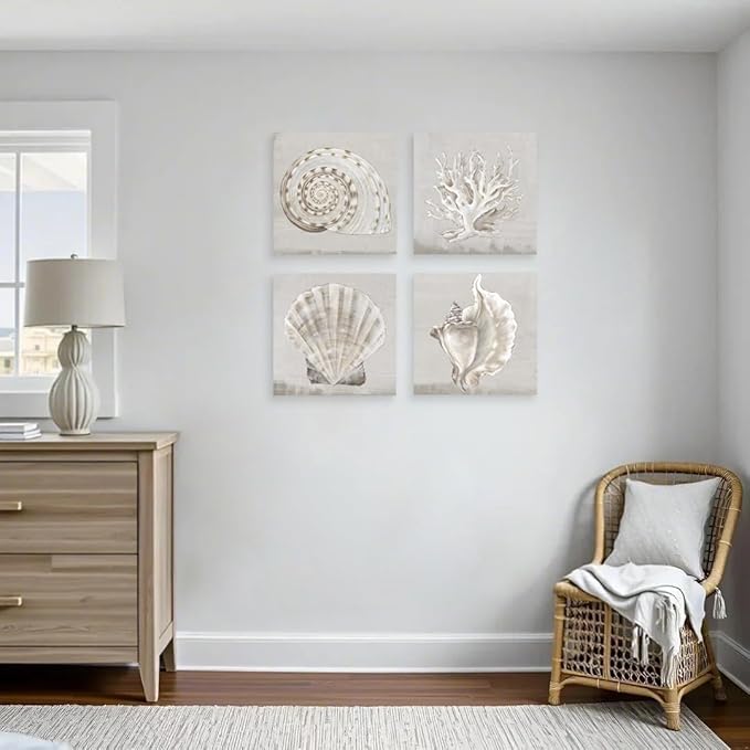 JAPO ART White Sea Shells Pictures Coastal Beach Canvas Wall Art Picture Vintage Seashell Giclee Print on Canvas Stretched for Living Room Bedroom Wall (White shells Eva Watts, 12x12Inchx4pcs)
