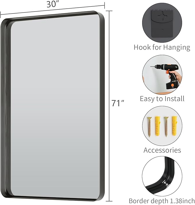 Koonmi Black Bathroom Mirror for Wall, 30x71 Inch Matte Metal Deep Framed Rounded Corner Wall Mirror, Shatterproof Tempered Glass for Farmhouse Bedroom Entryway, Vertically or Horizontally