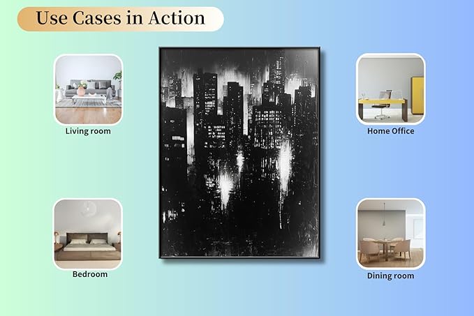 Abstract Cityscape Wall Art, Modern Urban Night Skyline Canvas Painting, Contemporary Expressionist City Decor (Black, 20" W x 27" L / 52x70cm, Framed)