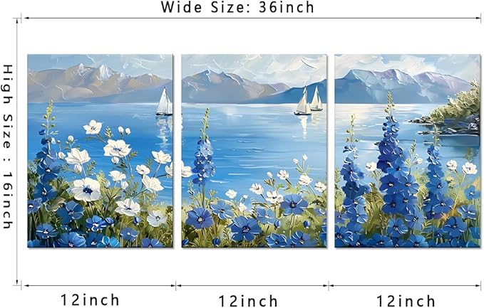 MAMAGO 3 Pieces Coastal Canvas Wall Decor Vintage Oil Painting Blue and White Floral Print Picture Natural Sea Scenery Painting for Farmhouse Bathroom Wall Art Framed Ready to Hang-12”x16”x3pcs