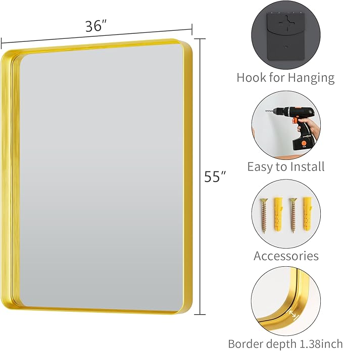 Koonmi Gold Wall Mirror for Bathroom, 36x55 Inch Matte Deep Framed Rounded Rectangle Vanity Mirror for Farmhouse Living Room, Tempered Glass, Anti-Rust, Vertically or Horizontally