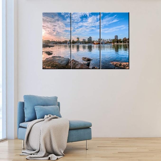 Canvas Wall Art Blue Grey Long Beach Harbor Cityscape Panoramic Skyline Painting Coast Framed Picture Artwork Prints for Living Room Bedroom Home Office Decor Ready to Hang 24‘’ x 12‘’ x 3 panels