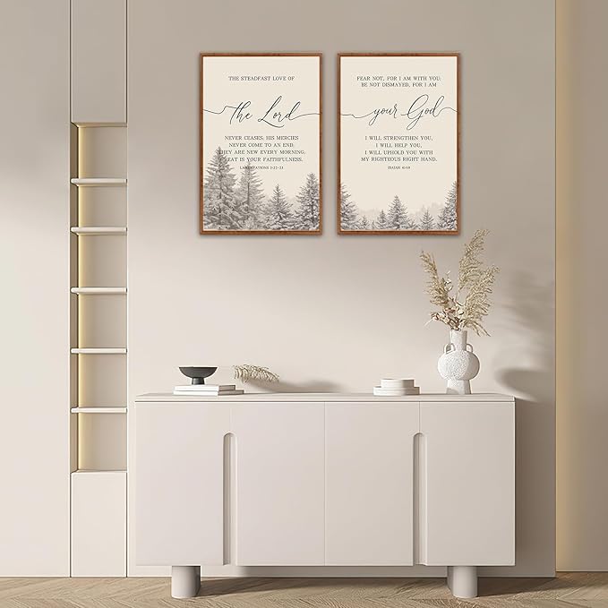 LHIUEM Bible Verses Framed Canvas Wall Art Set,Christian Scripture Religious Wall Decor,Vintage Easter Pine Tree Artwork for Living Room,Bedroom,Dining Room,Office -16"x24"x3