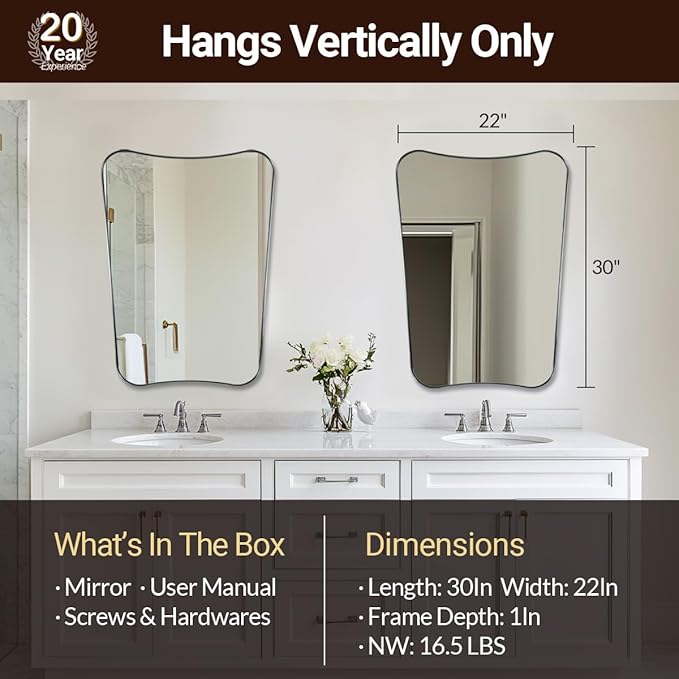 ANDY STAR Brushed Bronze Asymmetrical Mirror, 22"x30" Bathroom Mirror for Over Sink, Premium Stainless Steel Thin Frame, Antique Bronze Mirror for Wall, Butterfly-Inspired Designer Decor