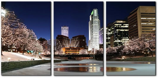 Pacimo Canvas Wall Art Decor Omaha Cityscape Modern Artwork for Wall Painting City Skyline Night View Pictures Gallery Wrapped Posters and Prints Stretch and Framed Ready to Hang - 16"x24"x3 Panels