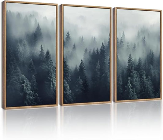 KUVIOKE Blue Fog Pine Tree Framed Wall Art Nature Nordic Forests Artwork Morden Painting Home Decor 16x24in (Natural Framed)