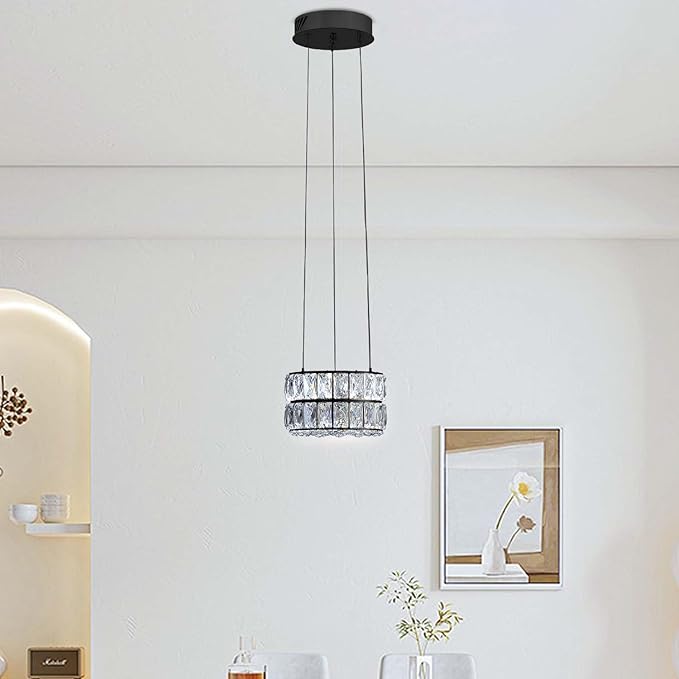 Led Ring Crystal Chandelier, Modern Dimmable Chandeliers Lighting and Hanging Adjustable 7.8'' Black LED Round Ceiling Light Fixtures for Dining Room Living Room
