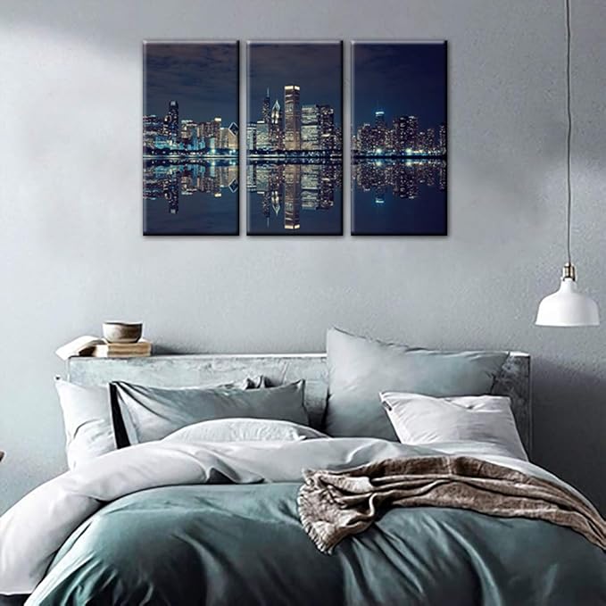 Modern Canvas Painting Wall Art Picture for Home Decoration Panoramic View of Chicago Skyline at Night in Black and White Place Cityscape Print On Canvas Giclee Artwork for Wall Decor 28‘’x14‘’x3