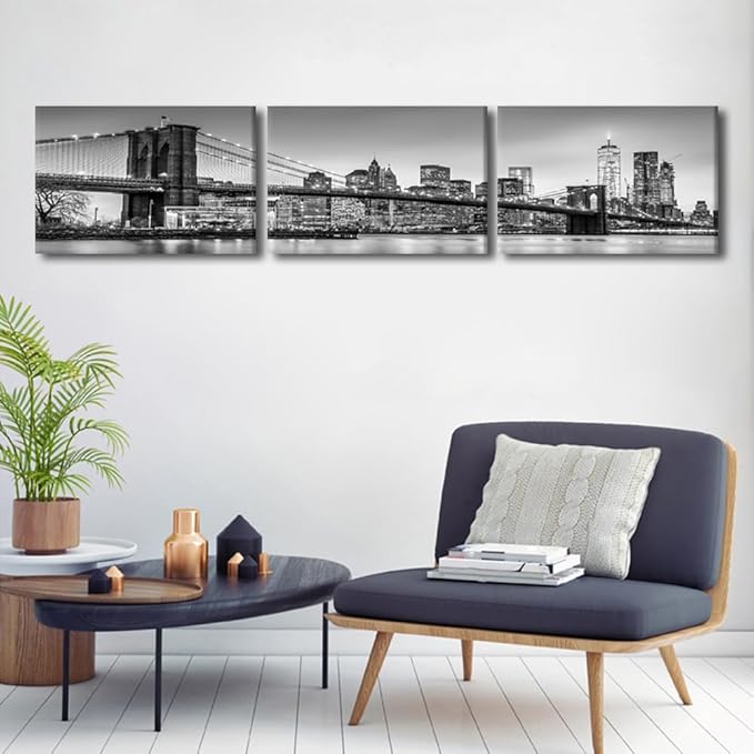 Canvas Wall Art Print New York Cityscape Wall Art for Bedroom Brooklyn Bridge Panorama Wall Decor Art Paintings City Reflection Modern Giclee Artwork for Office Home Decor Ready to Hang 16x72 Inch