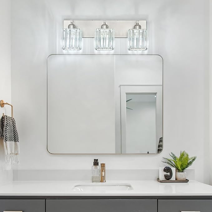 Modern Vanity Light 3-Lights Brushed Nickel Vanity Light Crystal Bathroom Wall Light Bathroom Light Fixtures