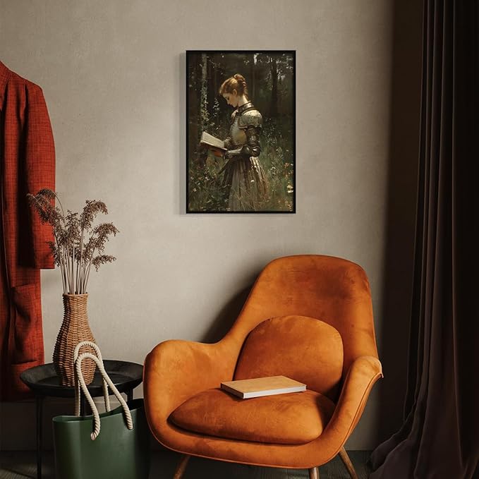 Lady Knight Reading In The Forest Wall Art, Woman Knight Oil Painting, Medieval Fantasy Poster Canvas, Dark Academia Wildflower Field Picture, Reading Wall Art for Bedroom 16x24in Framed