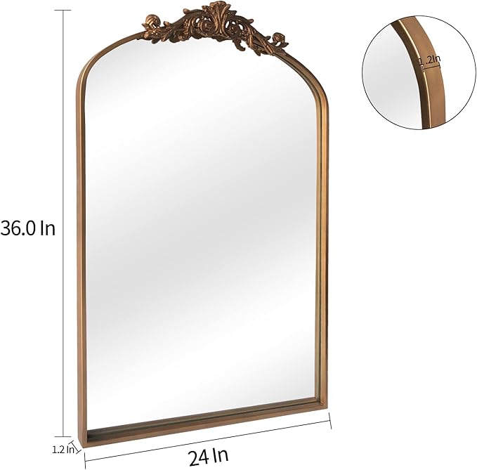 Antique Gold Arched Baroque Mirror 24x36 - Brass Finish Metal Frame, Intricately Carved Vertical Wall Mirror for Entryway, Living Room, Bathroom Vanity & Dining Room