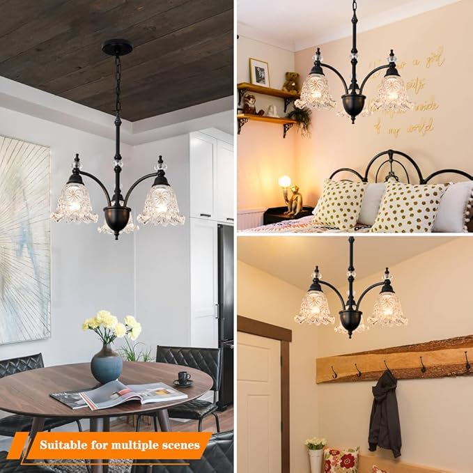 Black Dining Room Light Fixtures Over Table, Vintage 3 Light Glass Chandelier, Farmhouse Glass Chandelier Lighting for Kitchen Table, Dinning, Foyer, Bathroom, Living Room, Bedroom