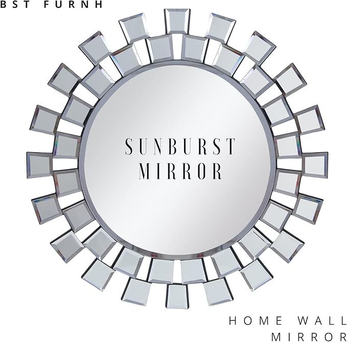 BST FURNH Sunburst Wall Mirror, 24 Inches Decorative Round Frameless Mirror for Living Room