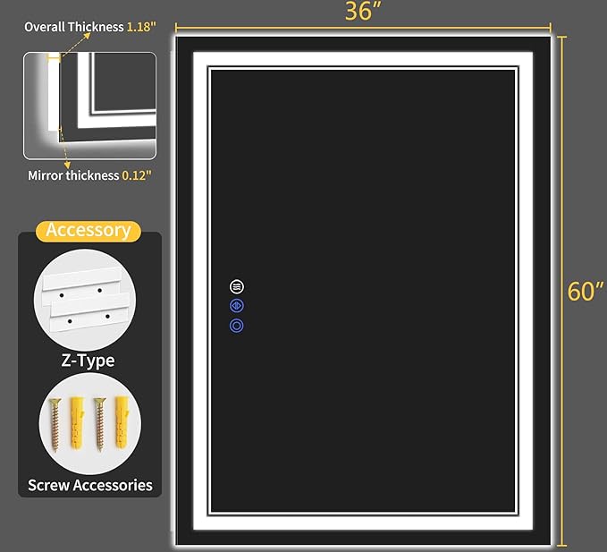 36"x60" LED Bathroom Mirror with Lights, Anti-Fog, Backlit + Front Lit, Dimmable, Led Vanity Mirror for Wall, 3 Colors, Memory Function, Shatter-Proof Tempered Glass