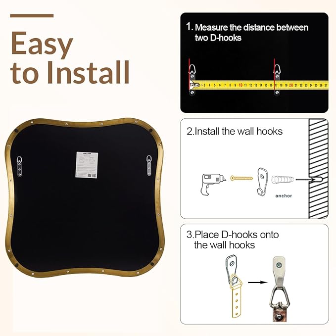 ANDY STAR Brushed Gold Square Bathroom Mirror, 30x30 Inch Contempoary Scalloped Brass Mirrors for Wall in 1 Inch Unique Concave Wavy Stainless Steel Metal Design Ideal for Home Decor Wall Mounted