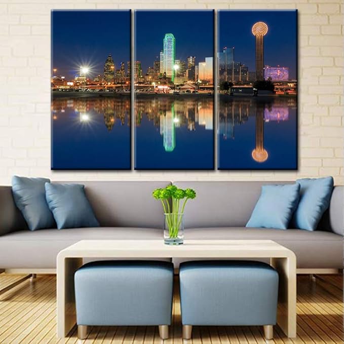 3 Pcs Wall Art Dallas Skyline Reflected in Trinity River at Sunset Canvas Art Paintings For Room Decor Texas Cityscape Skyscrapers Night Scene Picture Prints On Canvas For Home Decor - 40‘’ x 60‘’